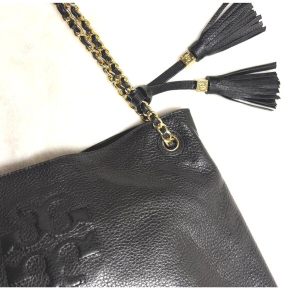 Tory Burch Thea Chain Slouchy Shoulder Bag $495 black/gold logo tassels divided - Picture 7 of 14